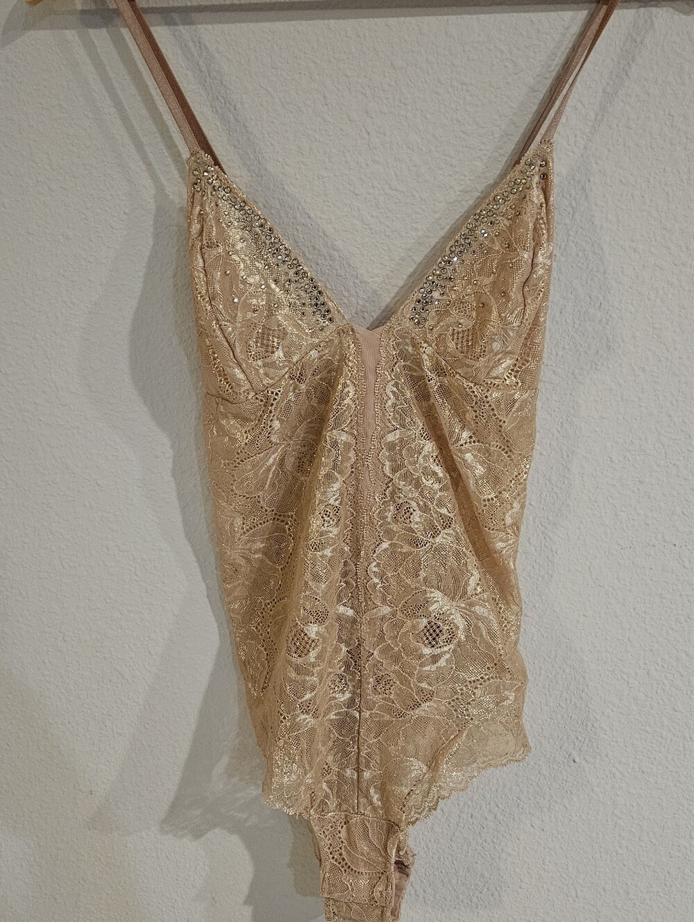 Victoria Secret Cream Gold Lace Bodysuit with Rhinestone Trim Sz L